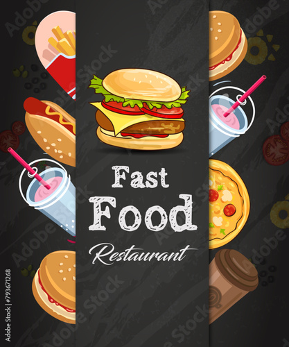 3D illustration Of Colorful Fast Food Pattern On Black Background , Restaurant Wallpaper Vector Design.