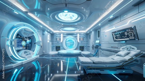 A quirky interpretation of a futuristic medical facility with high-tech equipment and virtual doctors AI generated illustration