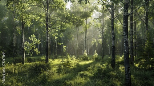 A realistic 3D rendering of a forest scene AI generated illustration