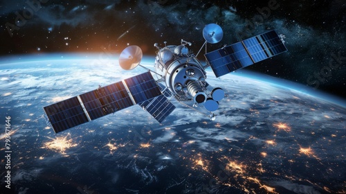 An artists rendering depicting a space station in orbit around Earth, showcasing its sleek design and advanced technology, satellite in space with Earth in the background photo