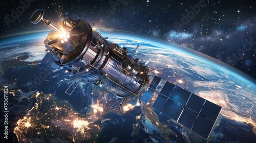 An artists rendering depicting a space station in orbit around Earth, showcasing its sleek design and advanced technology, satellite in space with Earth in the background