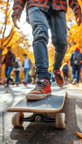 Teenager s foot on skateboard in urban setting with blurred crowd background in city street scene photo