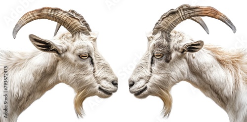 In the pasture, two goats engage in spirited play, butting heads in a display of friendly rivalry. photo