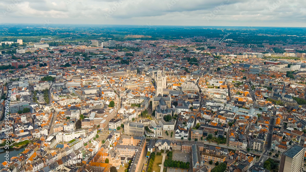 Ghent, Belgium. Cathedral of Saint Bavo. Panorama of the central city from the air. Cloudy weather, summer day, Aerial View