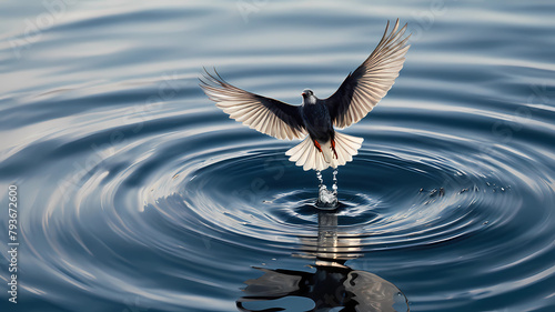 drop of water bounces above the water surface, transforming into a liquid bird opening its wings soaring gracefully above the water.
