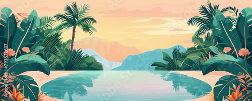 A dreamy desert oasis with lush palm trees  tranquil pools  and vibrant flora. Vector flat minimalistic isolated