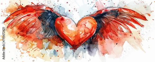 Heart red with wings watercolor illustration