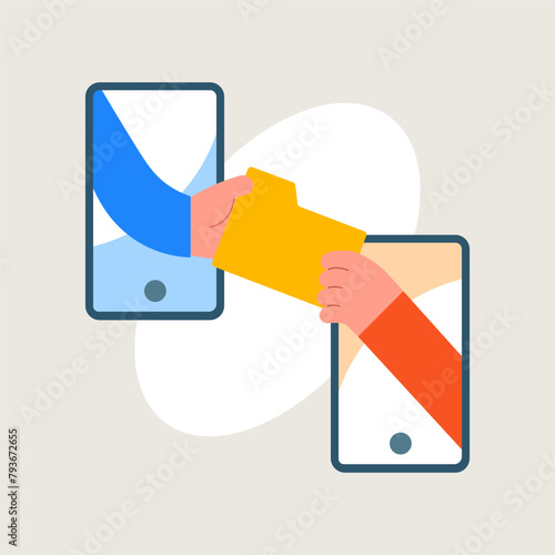 Hand send file between two mobile. Share material concept. File transfer between two mobile phone. Copy document, exchange data. Flat Illustration vector