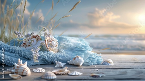 beach towel on a wooden platform with a seashell backdrop and soft summer light.Summer Breeze concept. photo