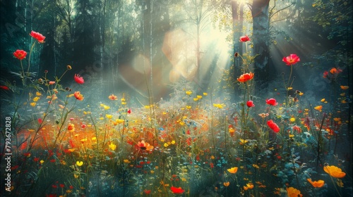 Beautiful field of flowers with sunbeams shining through the trees in the background on a sunny day