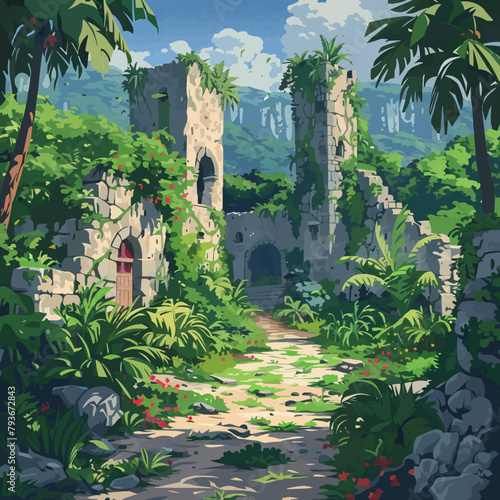 Abandoned city with ruins of ancient castles and lush vegetation. Digital art style vector flat minimalistic isolated