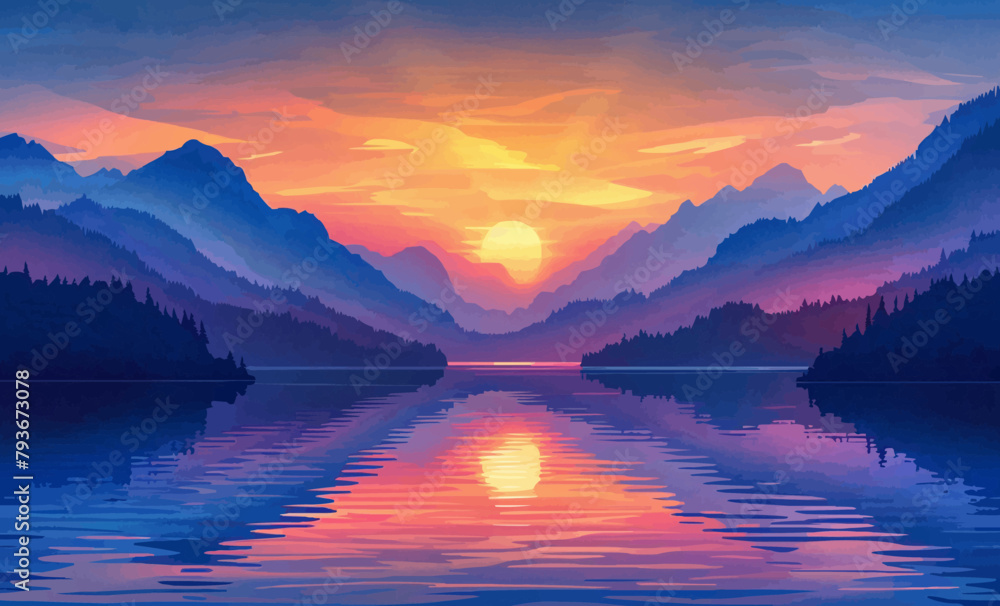 Sunny sunset over a quiet lake surrounded by mountains. Vector illustration.