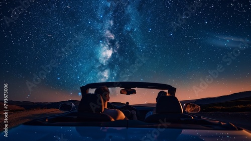 Family in a sporty car, gazing at the stars, reflective and peaceful, night sky with a clear view of the Milky Way, styled as ethereal nightgraphy.