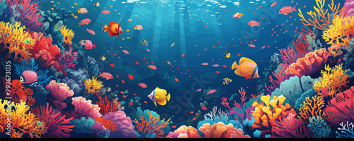 A vibrant coral reef teeming with colorful fish and marine life beneath the surface of the ocean. Vector flat minimalistic isolated illustration.