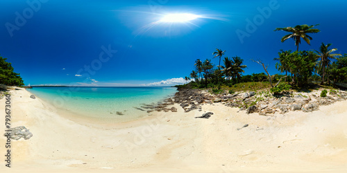 Tropical beach with palm trees. Virgin island, Philippines. VR 360.