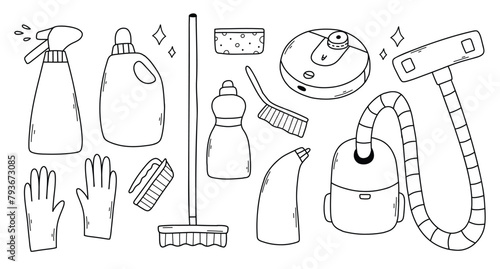 Set of cleaning elements. Vector collection of clip art cleaning in doodle style.