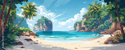 A secluded beach with golden sands and crystal-clear waters, framed by rugged cliffs and swaying palm trees. Digital art style vector flat minimalistic isolated
