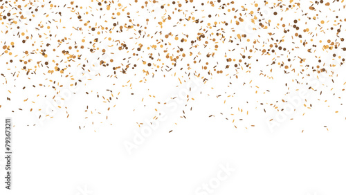 Falling golden confetti on transparent background for christmas celebration. Festival and event gold decoration, rain of coins.