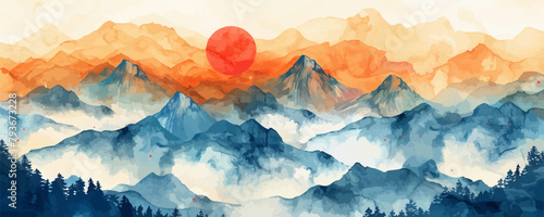 Abstract landscape mountain background. Traditional watercolor oriental, Japanese style. Vector illustration #793673228