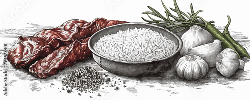 Rice with meat hand drawn engraving sketch Restaurant business concept. vector simple illustration