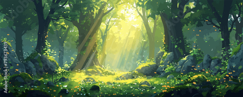 A mystical ancient forest with towering trees, moss-covered stones, and shafts of golden sunlight filtering through the canopy. Vector flat minimalistic isolated