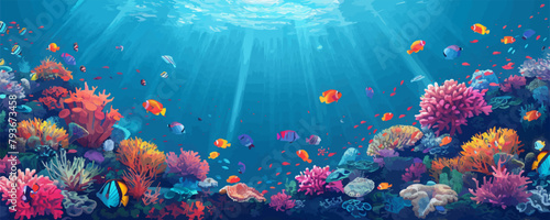 A vibrant coral reef teeming with colorful fish and marine life beneath the surface of the ocean. Vector flat minimalistic isolated illustration. photo