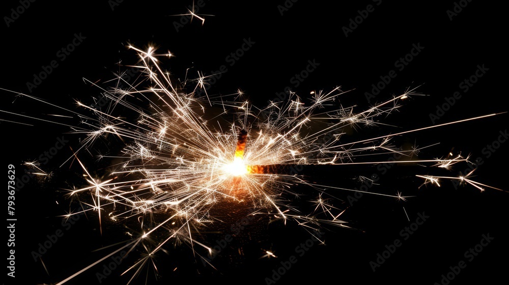 Closeup shot of beautiful sparkler burning and emitting bright sparks on black background