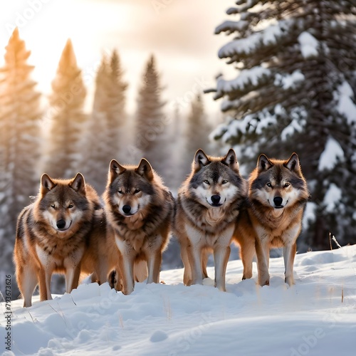 group of a wolves gathered on a snow  Ai Generated