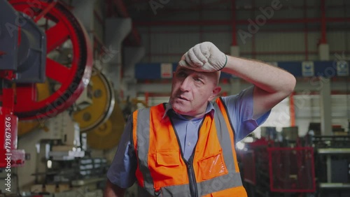 A hardworking industrial worker takes a brief pause to wipe sweat from his brow, reflecting the effort and dedication in a factory
