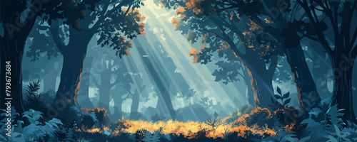 A tranquil forest glade with sunlight filtering through the trees, illuminating the lush foliage below. Vector flat minimalistic isolated