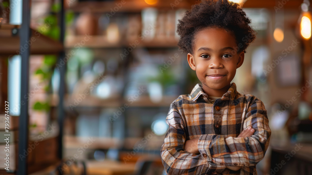 Self-assured young girl with crossed arms in a plaid shirt in a cozy interior setting Self-assured young girl with crossed arms in a plaid shirt in a cozy interior setting