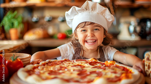 Cheerful little girl in a chef hat making pizza in a home kitchen with a bright smile photo
