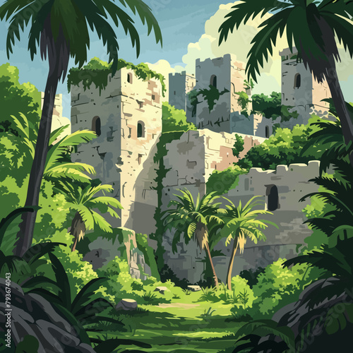 Abandoned city with ruins of ancient castles and lush vegetation. Digital art style vector flat minimalistic isolated
