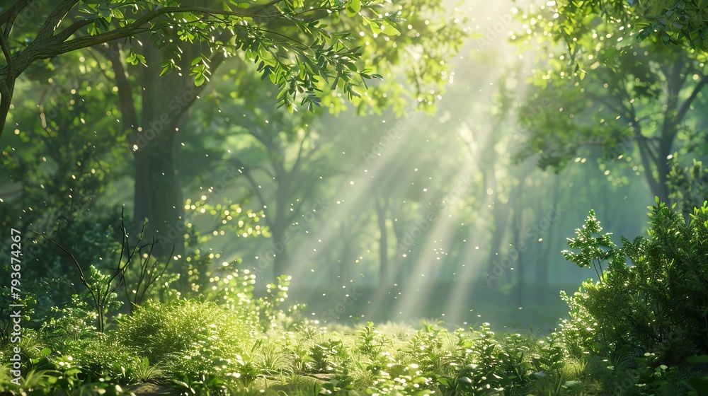 Mystical morning in a green forest with sunbeams piercing through the foliage illuminating dew drops Mystical morning in a green forest with sunbeams piercing through the foliage illuminating dew drops