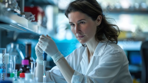 Female geneticist at a lab bench, innovative, pipetting samples, deep in thought, styled as modern minimalist portrait.