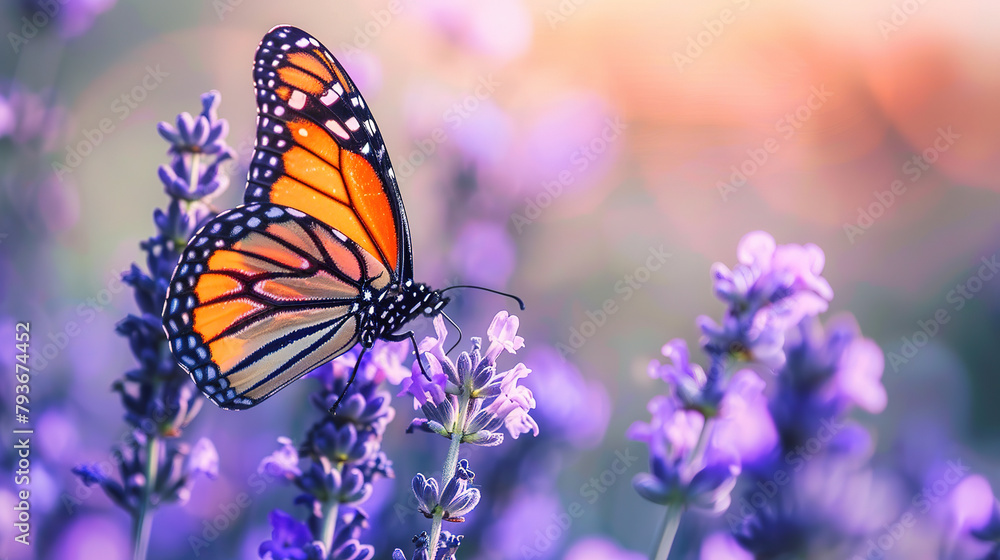 Naklejka premium beautiful butterfly resting on lavender on blurred lavender field background, close up, with empty copy space