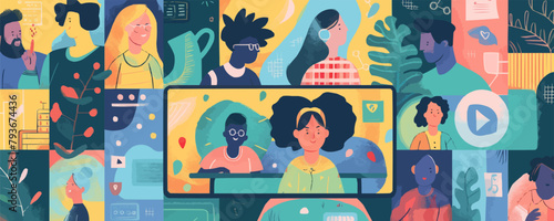 Stress reduction and relieving activity, Web conference, Social network, set flat vector modern illustration