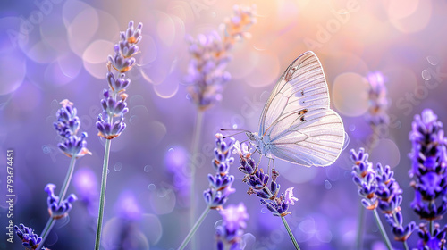 beautiful butterfly resting on lavender on blurred lavender field background, close up, with empty copy space