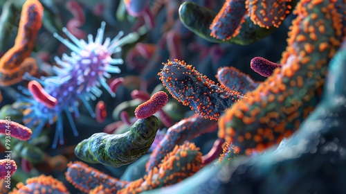Host-microbe interaction, human cells and bacteria, tight shot, contrasting visuals, 