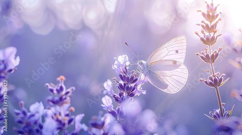 beautiful butterfly resting on lavender on blurred lavender field background, close up, with empty copy space © Uwe