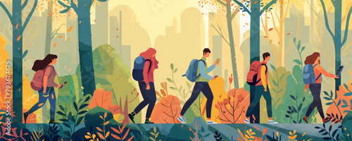 Tourist Guide concept. Traveler tries to find a way. A group of friends explore the city. They were trekking on forest paths. set flat vector modern illustration