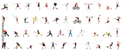 Group of people performing sports activities, doing yoga and gymnastics exercises, jogging, riding bicycles, playing ball game and tennis. Outdoor workout. Flat cartoon vector illustration 