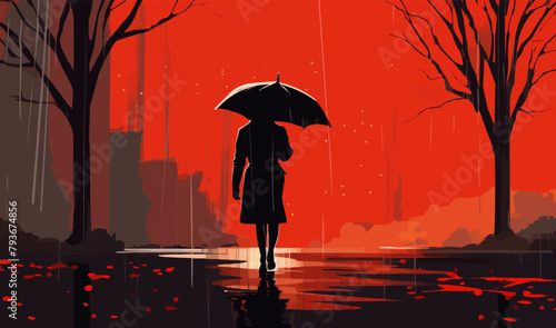 walking in the rain vector flat minimalistic isolated illustration