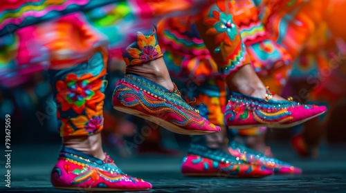Focus on the dancer's footwear, showcasing brightly colored or embroidered shoes as they move across the stage. Cinco de Mayo holiday