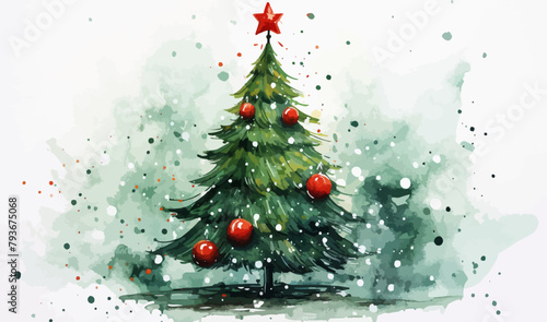 Watercolor Christmas New Year tree with decorations stains and splashes print design postcard poster