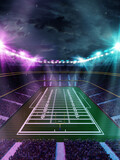 Aerial view of 3D render open air American football stadium with blurred tribunes with fans, empty arena with neon illumination. Concept of professional sport, event, tournament, game, championship