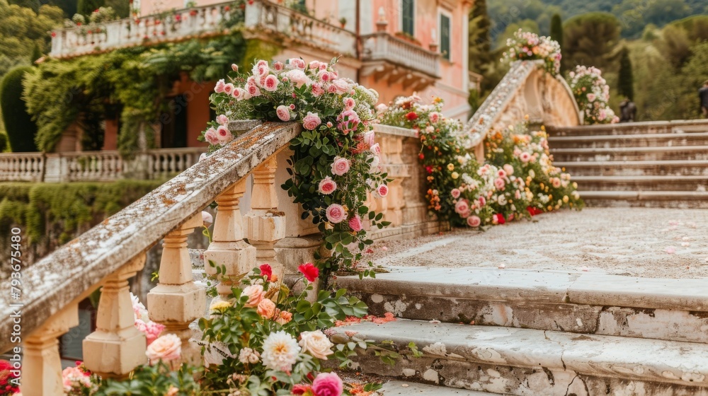 Fototapeta premium Grand Building Adorned With Flowers on the Steps, Sixteenth-century castle complete with a grand staircase as the background for a fairy-tale wedding