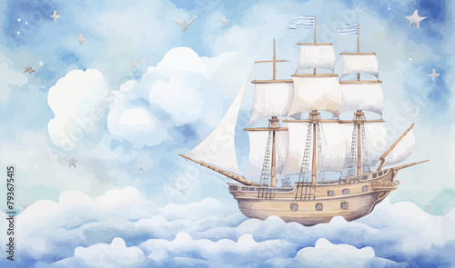 Watercolor illustration flying ship in the clouds sky, children's cute cartoon room, decor, photo wallpaper, print, poster, wall painting