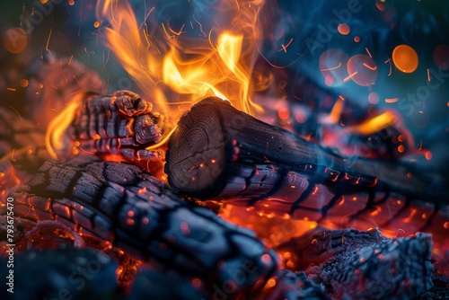 Glowing campfire at night with vivid flames and flying sparks