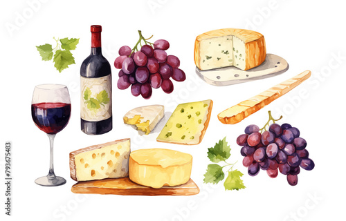 Watercolor illustration set clipart of cheeses for wine, design, print, vector